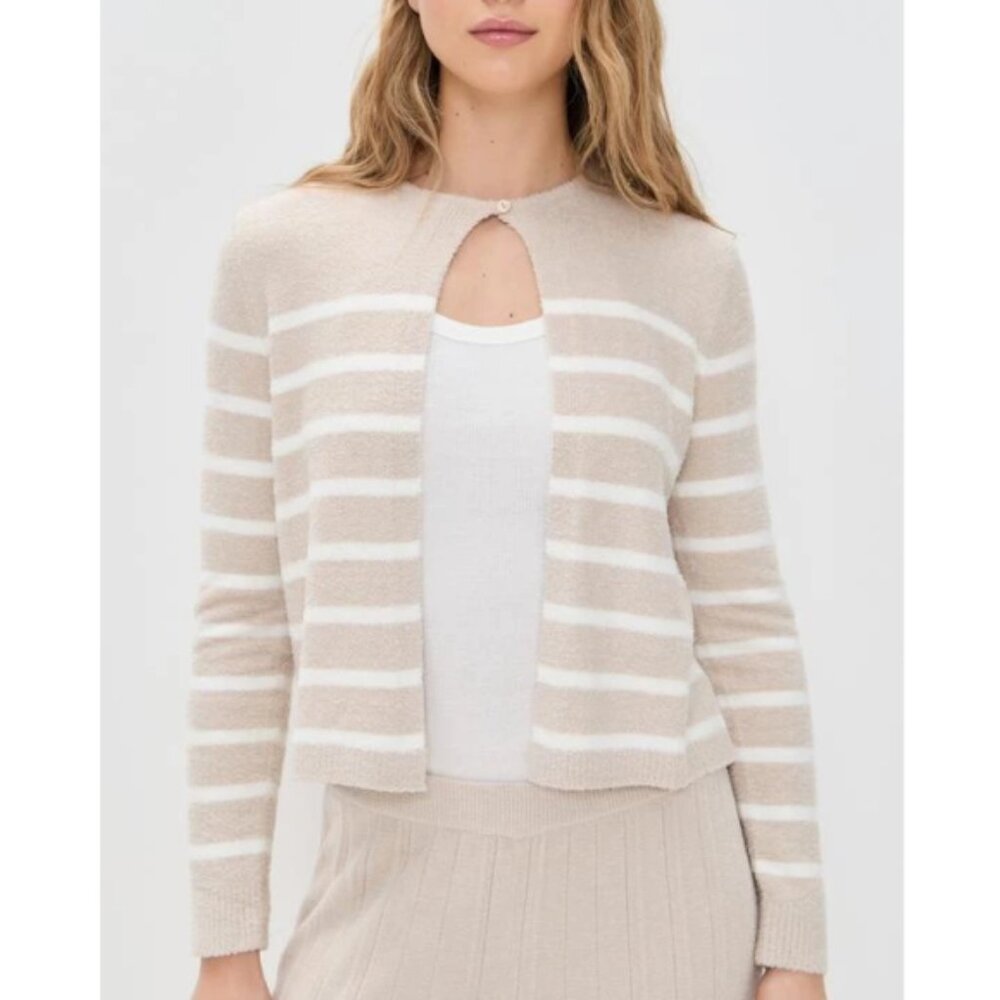 Barefoot Dreams Cozy Chic Lite Striped Cardigan, Stone/Pearl
